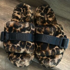 UGG Animal Print Fuzzy Slides with Black Strap